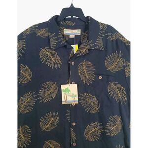 Beyond Paradise Pure Linen Shirt Hawaiian Mens L Black Gold Floral Button SS NWT